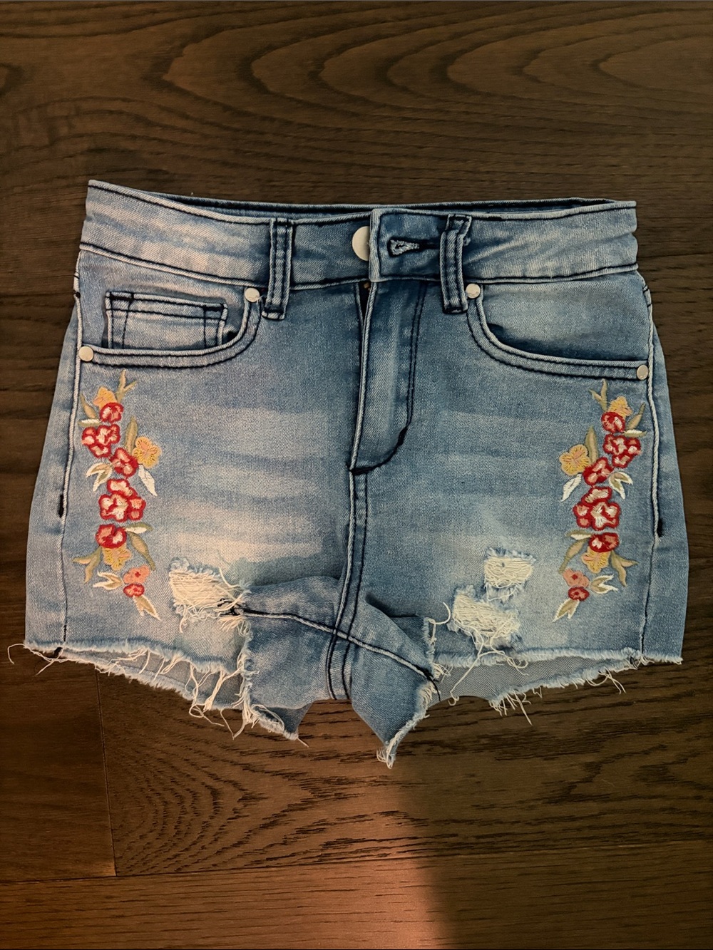 Joe's Jeans Girls, Light Blue Distressed Denim Shorts with Red Floral Embroidery